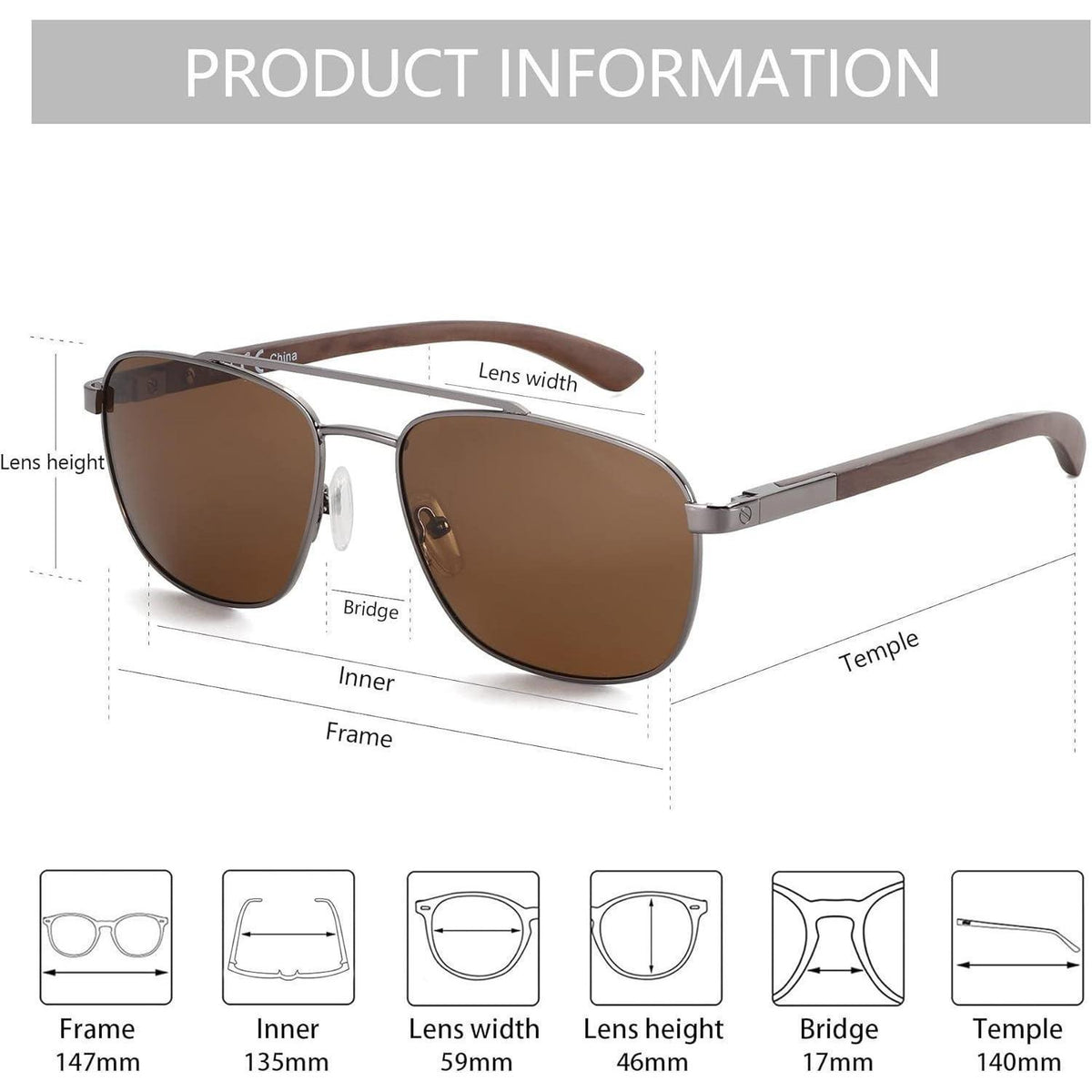 Piloten Sonnenbrille Retro Holz Metall polarisiert UV400 Schutz