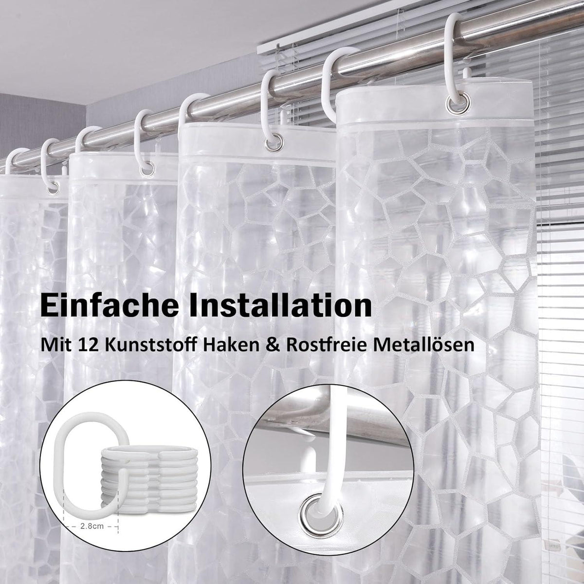 Duschvorhang transparent 180x180cm wasserdicht mit Magneten 3D Muster 12 Ringe