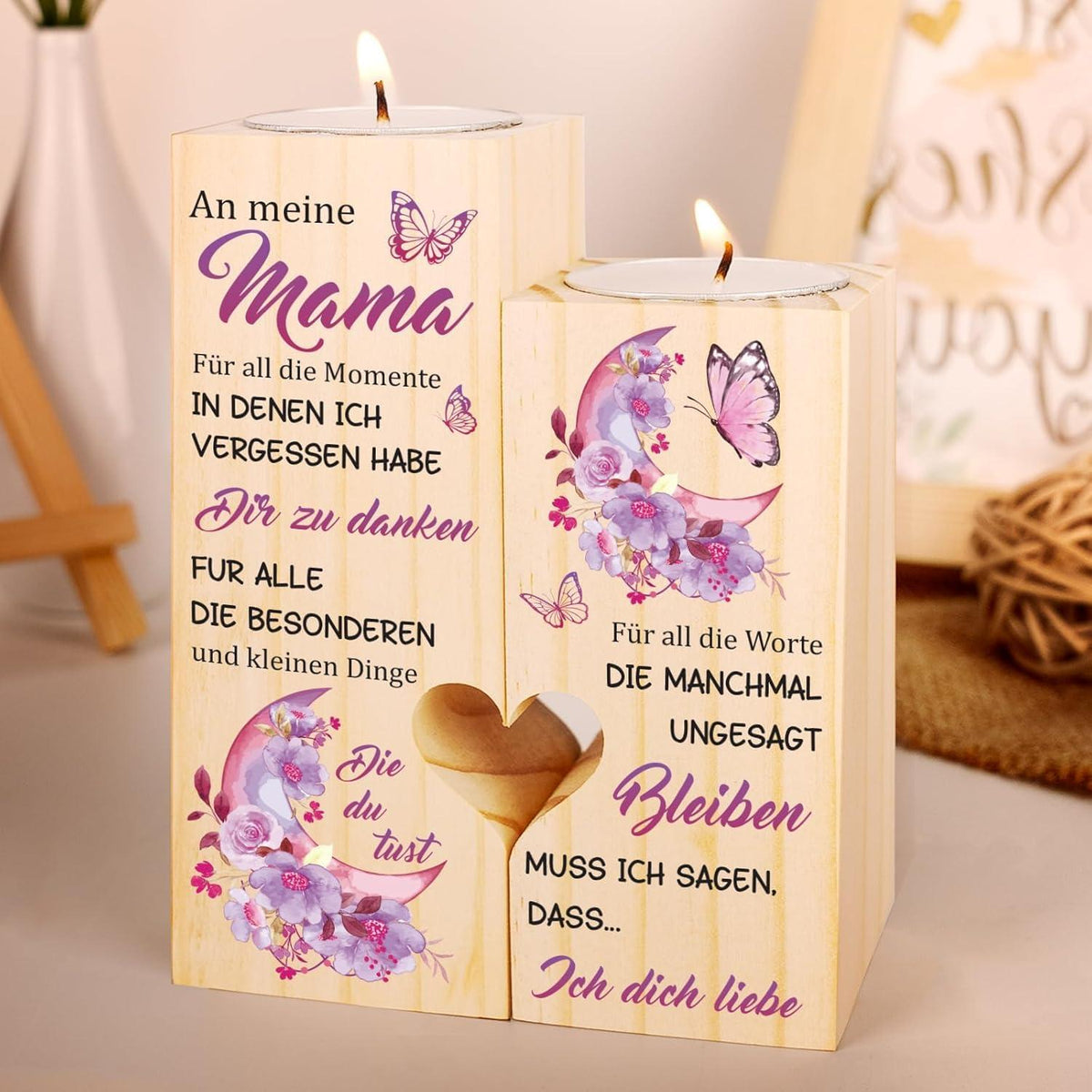 Personalisierter Holzkerzenhalter für Mama Blume/Kerzenständer