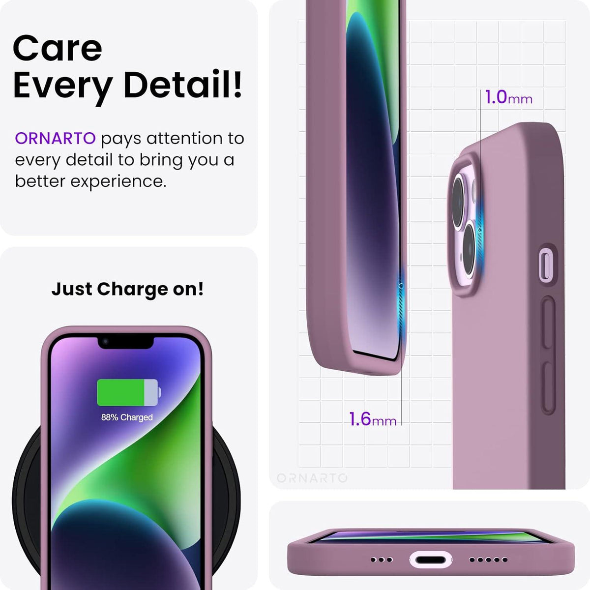 ORNARTO iPhone 14 Hülle 6,1 Zoll 2022 Silikon Case Lila Flieder