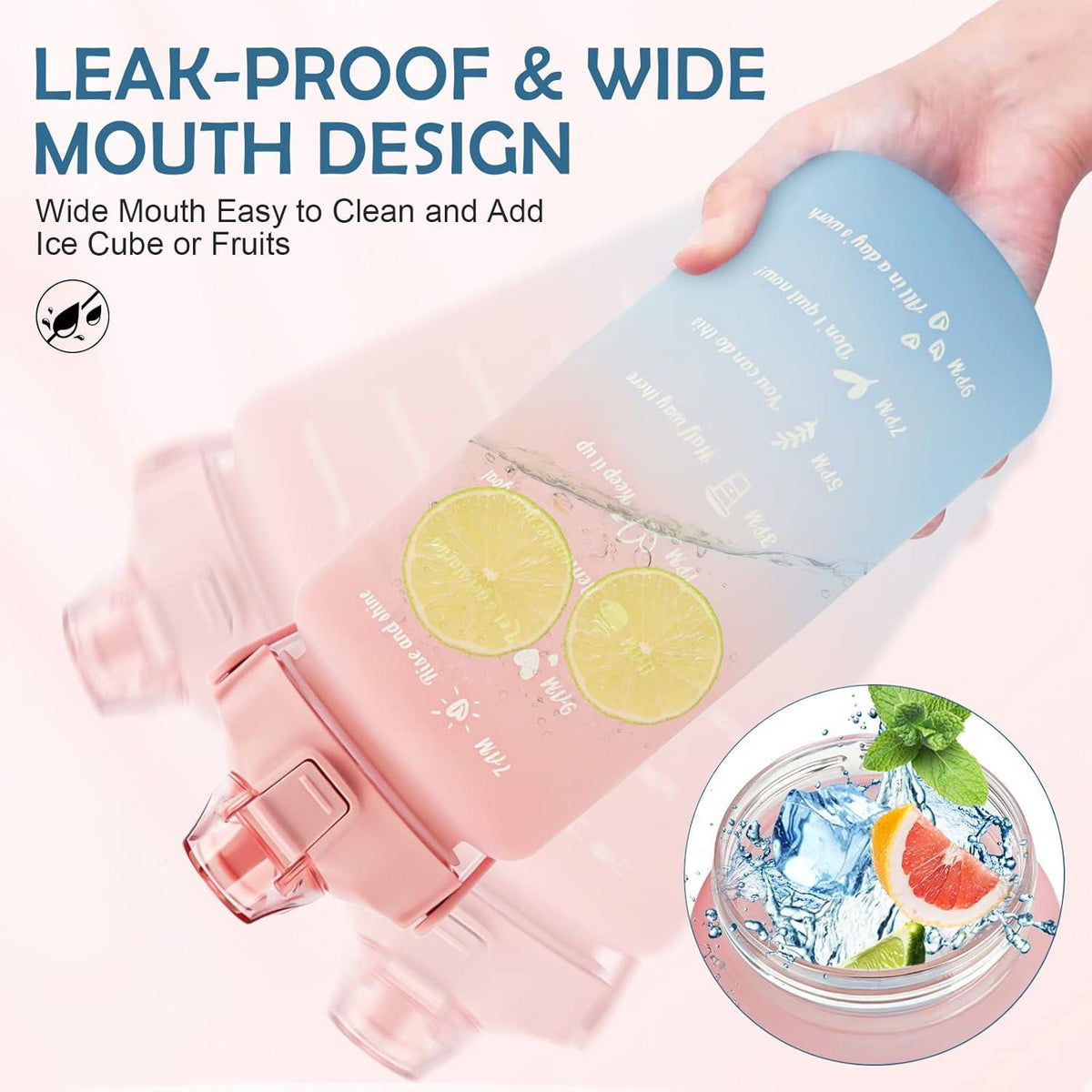 Trinkflasche 2L mit Strohhalm und Zeitmarkierung, BPA-frei, Rosa Blau