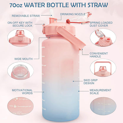 2L BPA-freie Trinkflasche mit Strohhalm & Zeitmarkierung, auslaufsicher