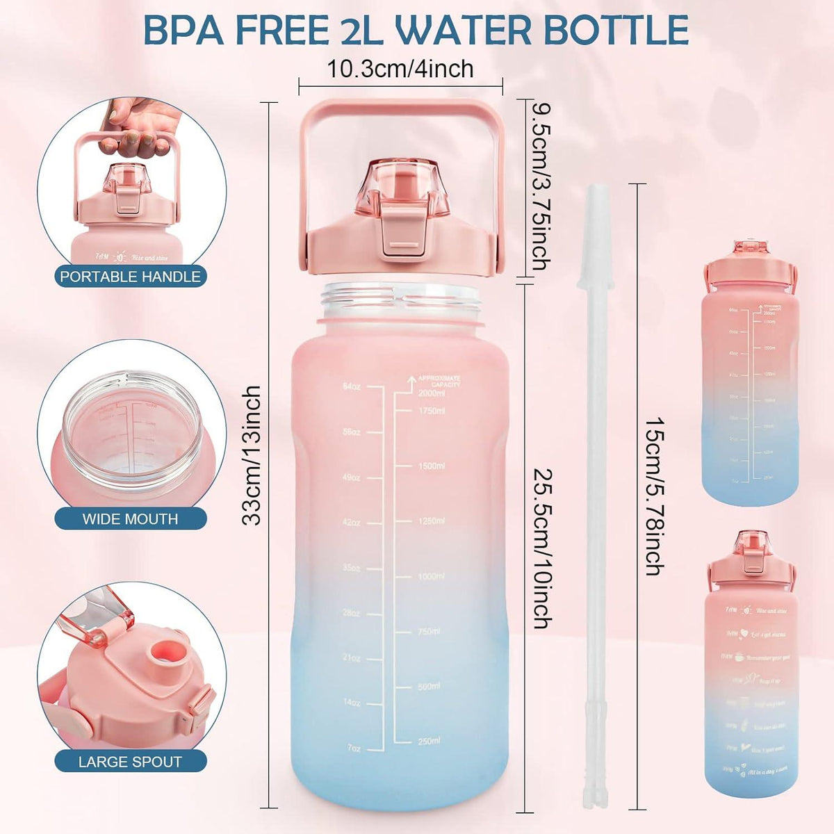 2L BPA-freie Trinkflasche mit Strohhalm & Zeitmarkierung, auslaufsicher