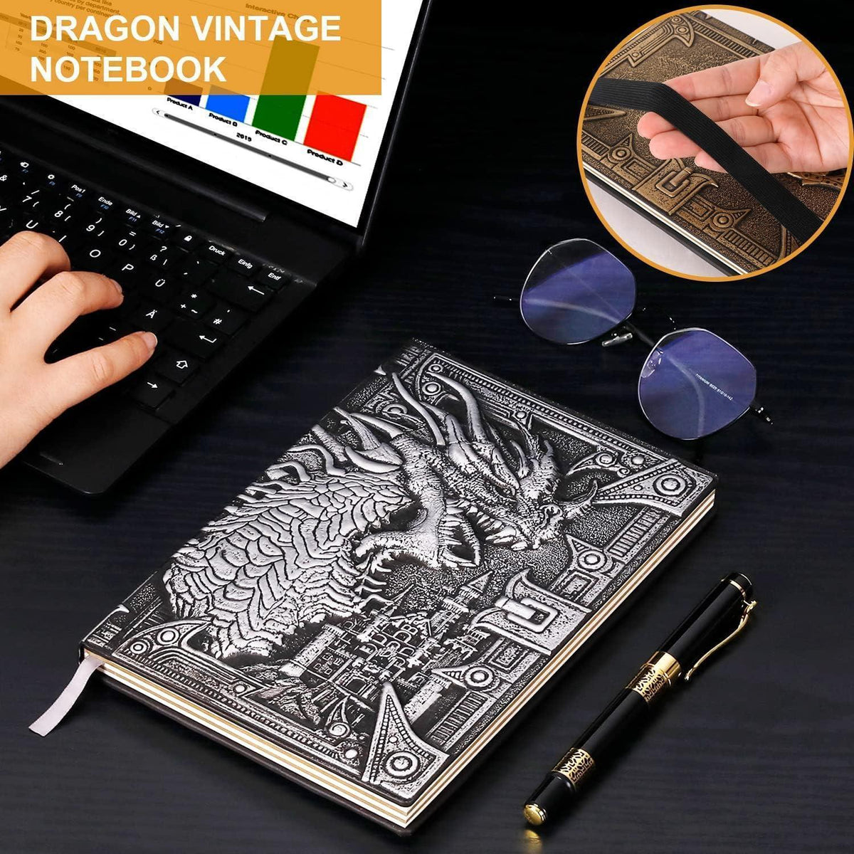 Drachen-Tagebuch 3D geprägt, A5 Reisetagebuch mit Stift in Lederoptik