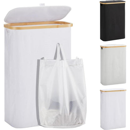 YOUDENOVA Wäschekorb mit Deckel 48L schmal faltbar Bambus Weiß