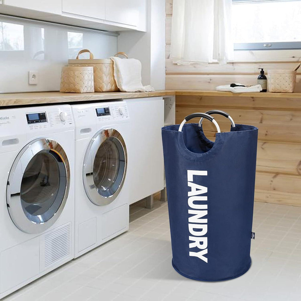 Faltbare Wäschekörbe 90L Dunkelblau mit Stand-up Design und Aluminiumgriffen