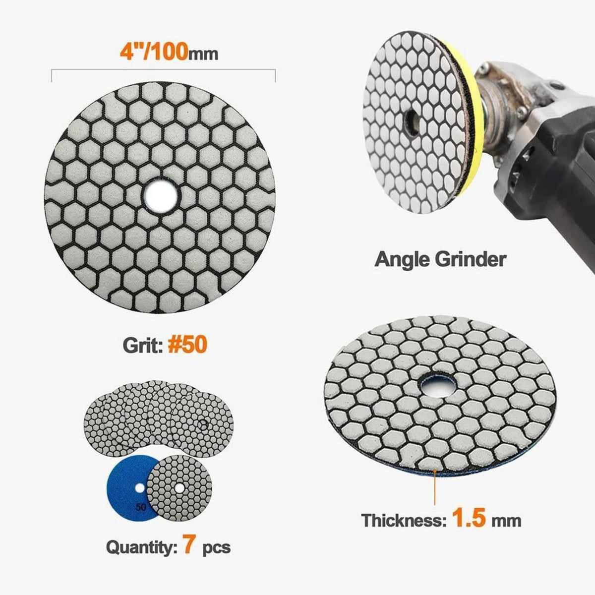 Diamant Polierscheiben Set 7tlg 100mm #50 Trocken Granit Marmor