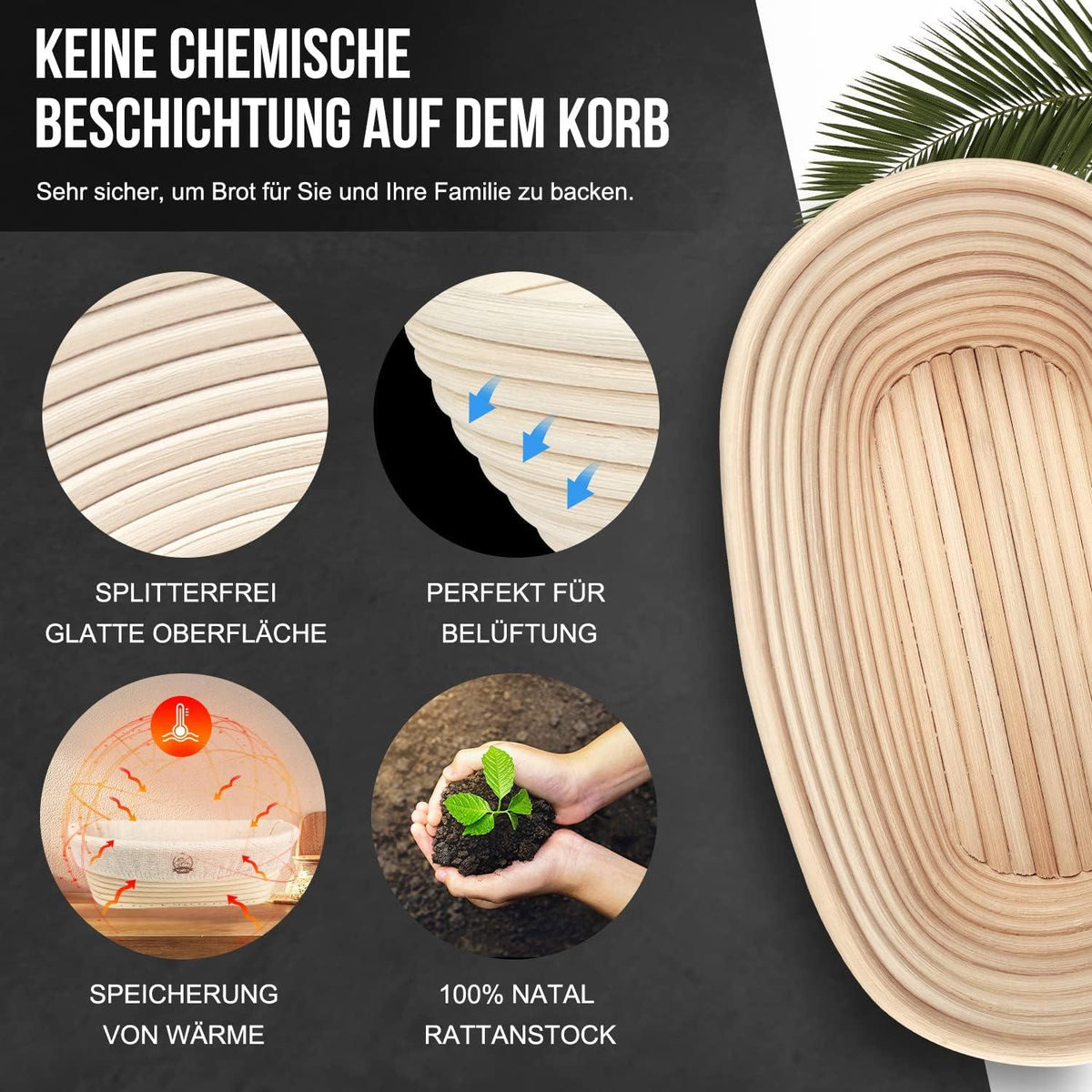 Walfos Gärkorb Oval Brotbacken Set 25cm Rattan mit Zubehör