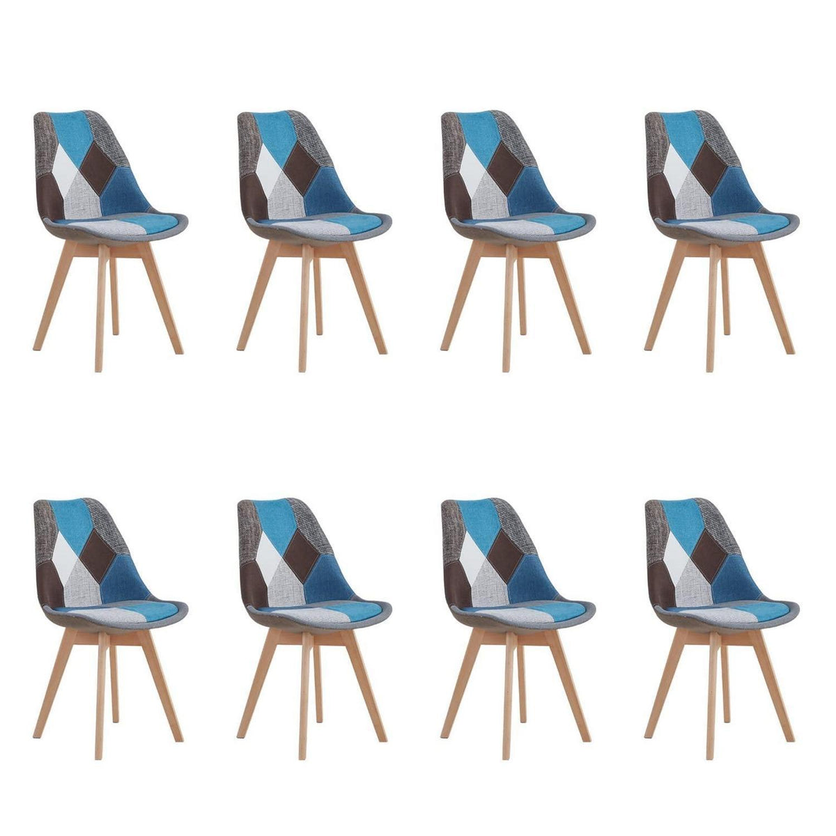 Patchwork Esszimmerstühle Set Blau | 8 Stühle mit Kissen & Holzbeinen
