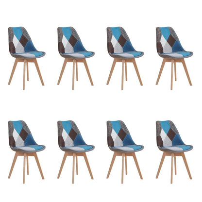 Patchwork Esszimmerstühle Set Blau | 8 Stühle mit Kissen & Holzbeinen
