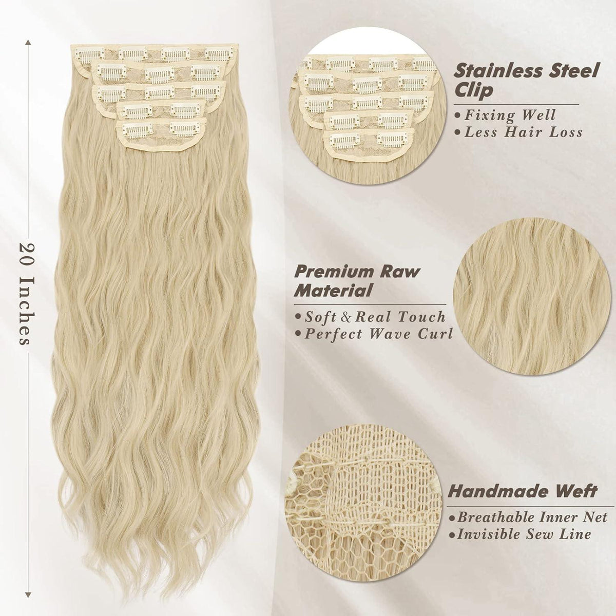 Clip in Haarverlängerungen Lange Wellige Haarteil -50 cm natur Blond