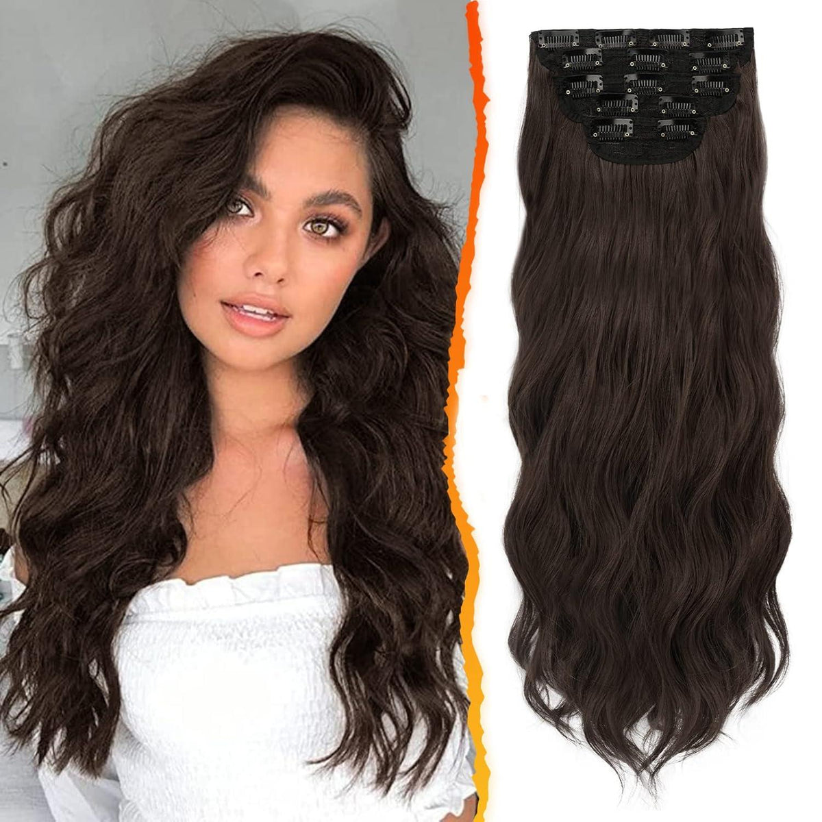 Clip in Extensions Lange Wellige Synthetisches Haarteil für Frauen -50