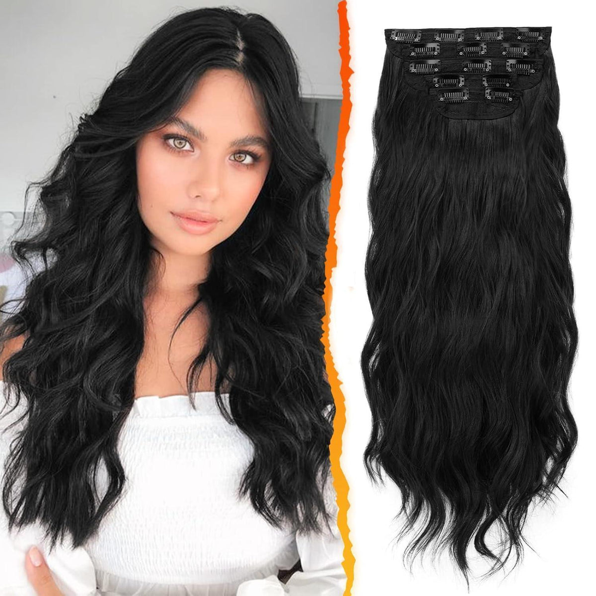 Clip-In Haarverlängerungen Wellig 45cm Naturschwarz 5-teilig
