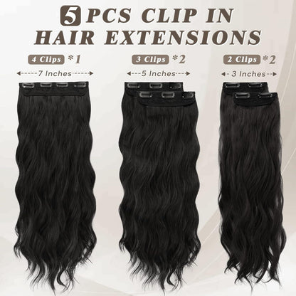 Clip-In Haarverlängerungen Wellig 45cm Naturschwarz 5-teilig