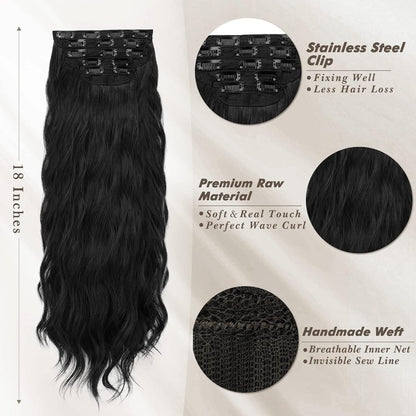 Clip-In Haarverlängerungen Wellig 45cm Naturschwarz 5-teilig