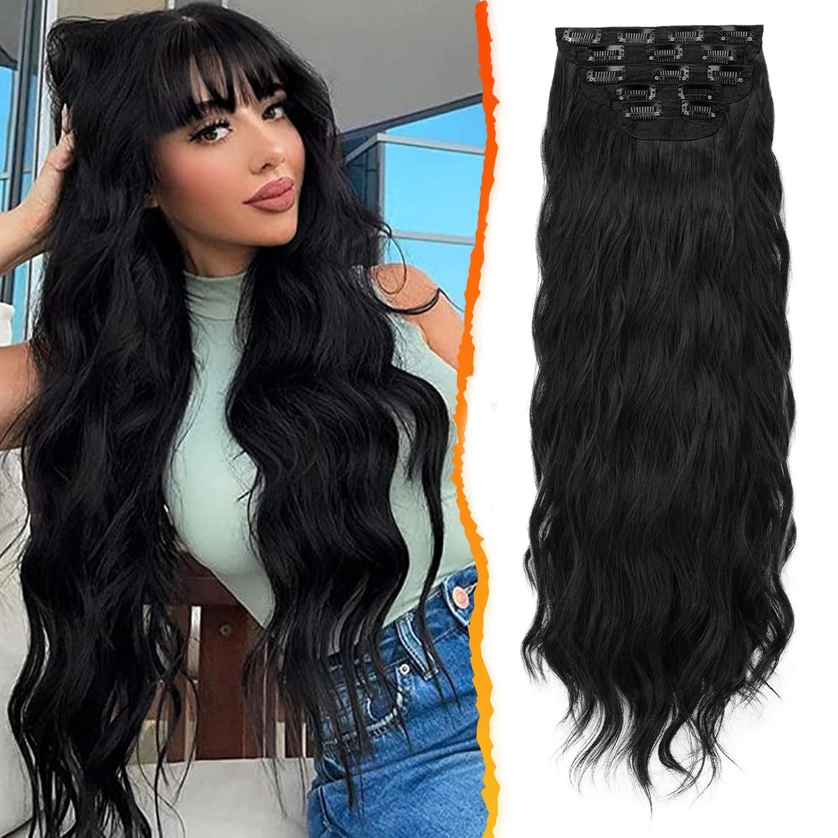 Clip in Haarverlängerungen Welliges Haarteil Schwarz 50cm