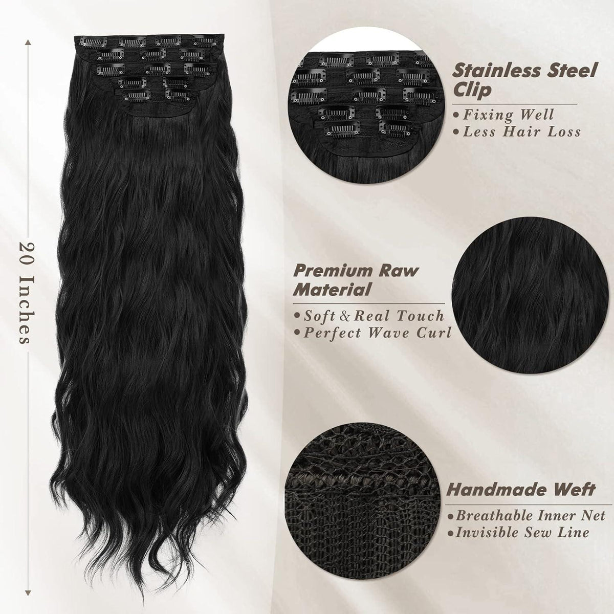 Clip in Haarverlängerungen Welliges Haarteil Schwarz 50cm