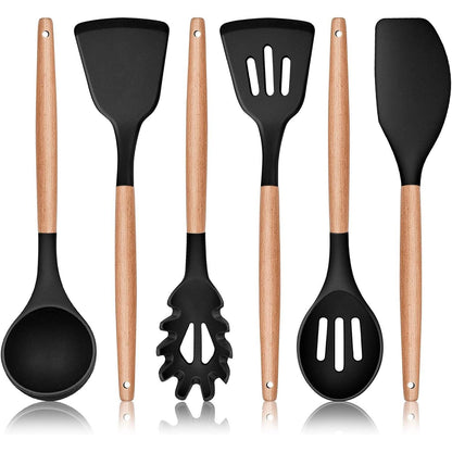 6-teiliges Silikon Kochutensilien Set mit Holzgriff - Schwarz