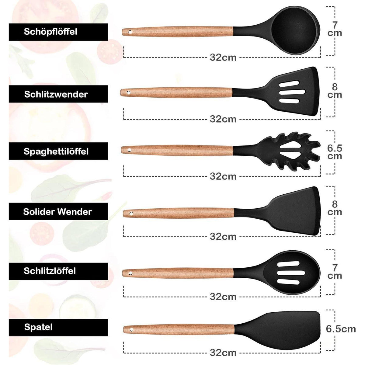 6-teiliges Silikon Kochutensilien Set mit Holzgriff - Schwarz