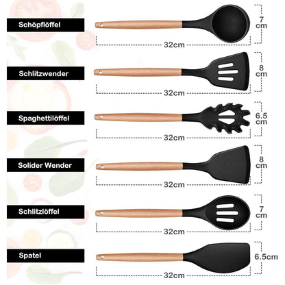 6-teiliges Silikon Kochutensilien Set mit Holzgriff - Schwarz