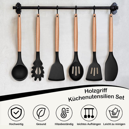 6-teiliges Silikon Kochutensilien Set mit Holzgriff - Schwarz