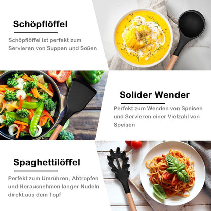 6-teiliges Silikon Kochutensilien Set mit Holzgriff - Schwarz