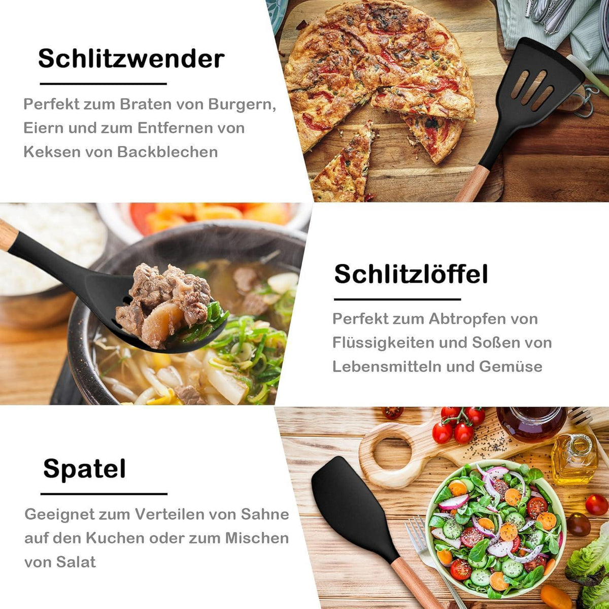 6-teiliges Silikon Kochutensilien Set mit Holzgriff - Schwarz