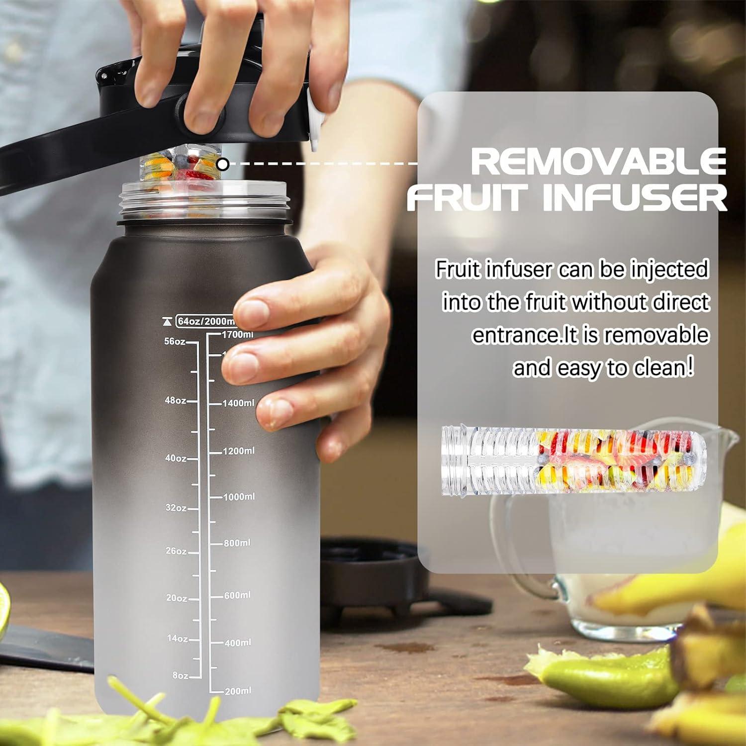 AOHAN Trinkflasche Sport 2l mit Strohhalm und Früchtebehälter BPA-frei Schwarz Grau