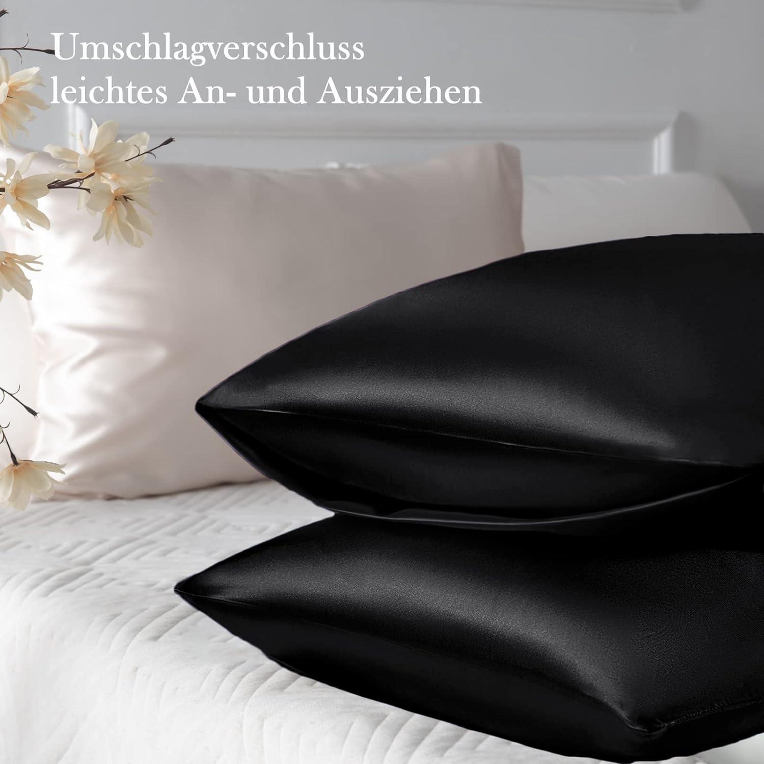 Satin Kissenbezug 2er Set 50x80 Schwarz mit Haargummis