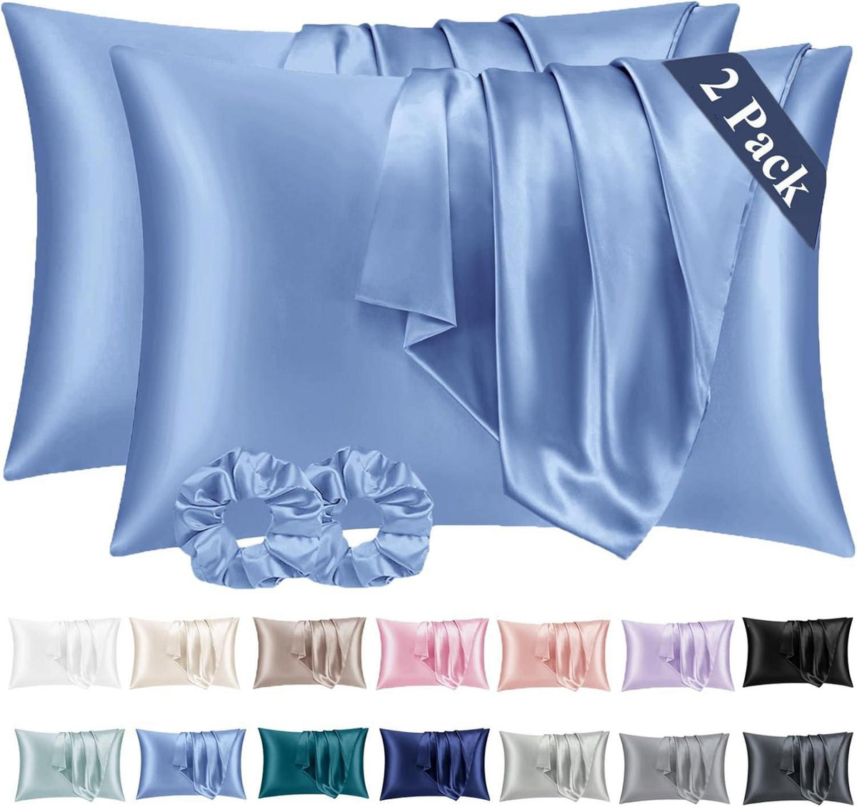Satin Kissenbezüge Blau 40x80 2er Set mit Haargummis