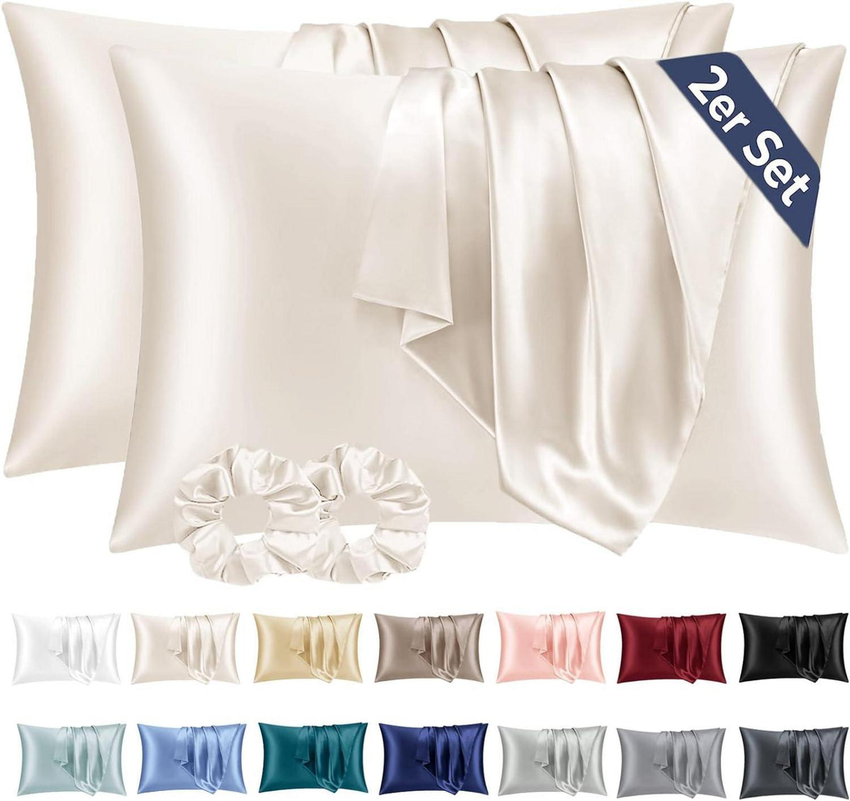 Satin Kissenbezug 2er Set 50x80 Beige mit Haargummis