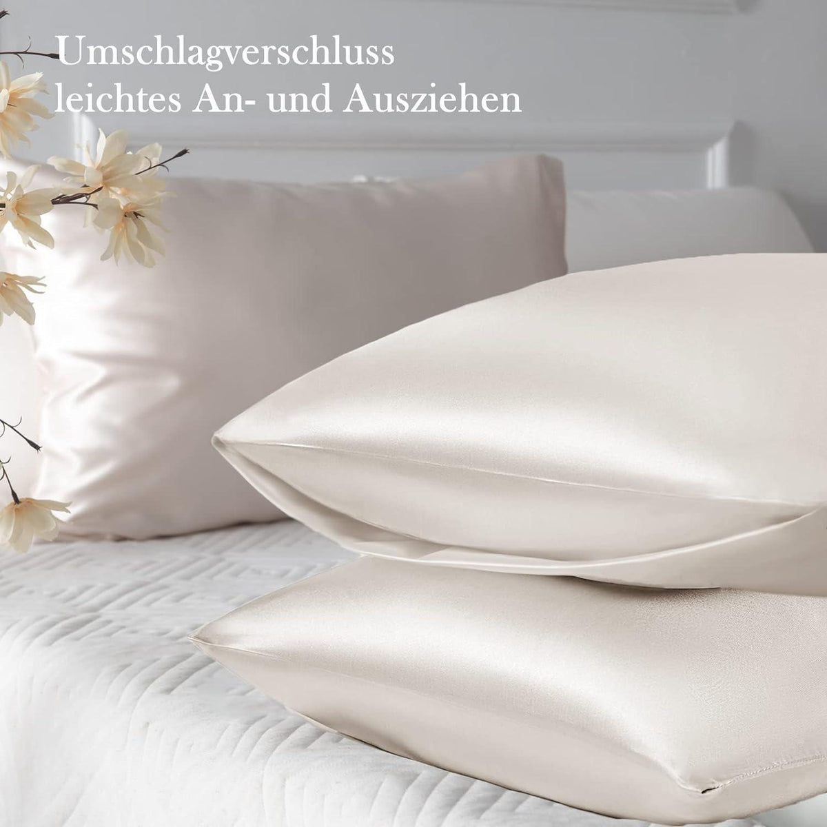 Satin Kissenbezug 2er Set 50x80 Beige mit Haargummis