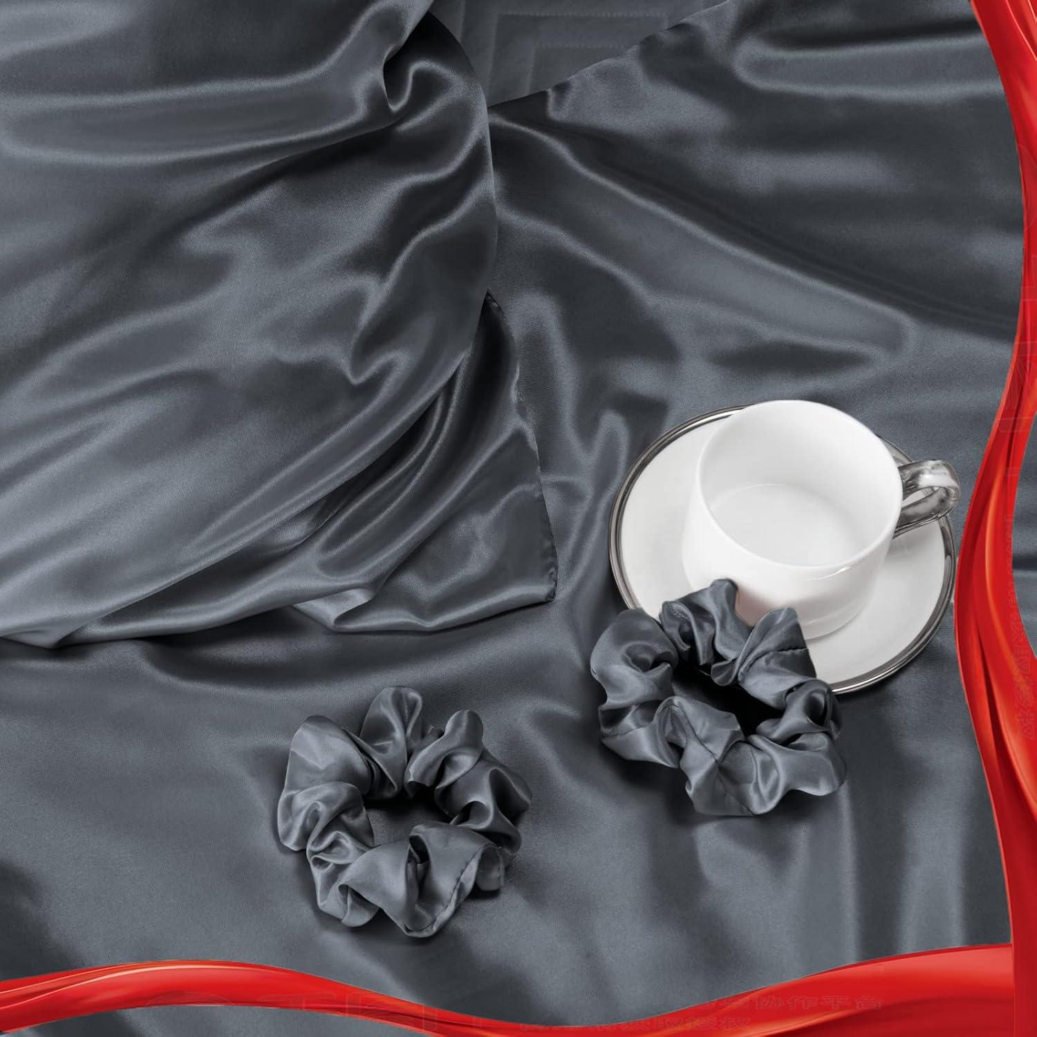 Satin Kissenbezug 2er Set 50x80 Dunkelgrau Haargummis inklusive