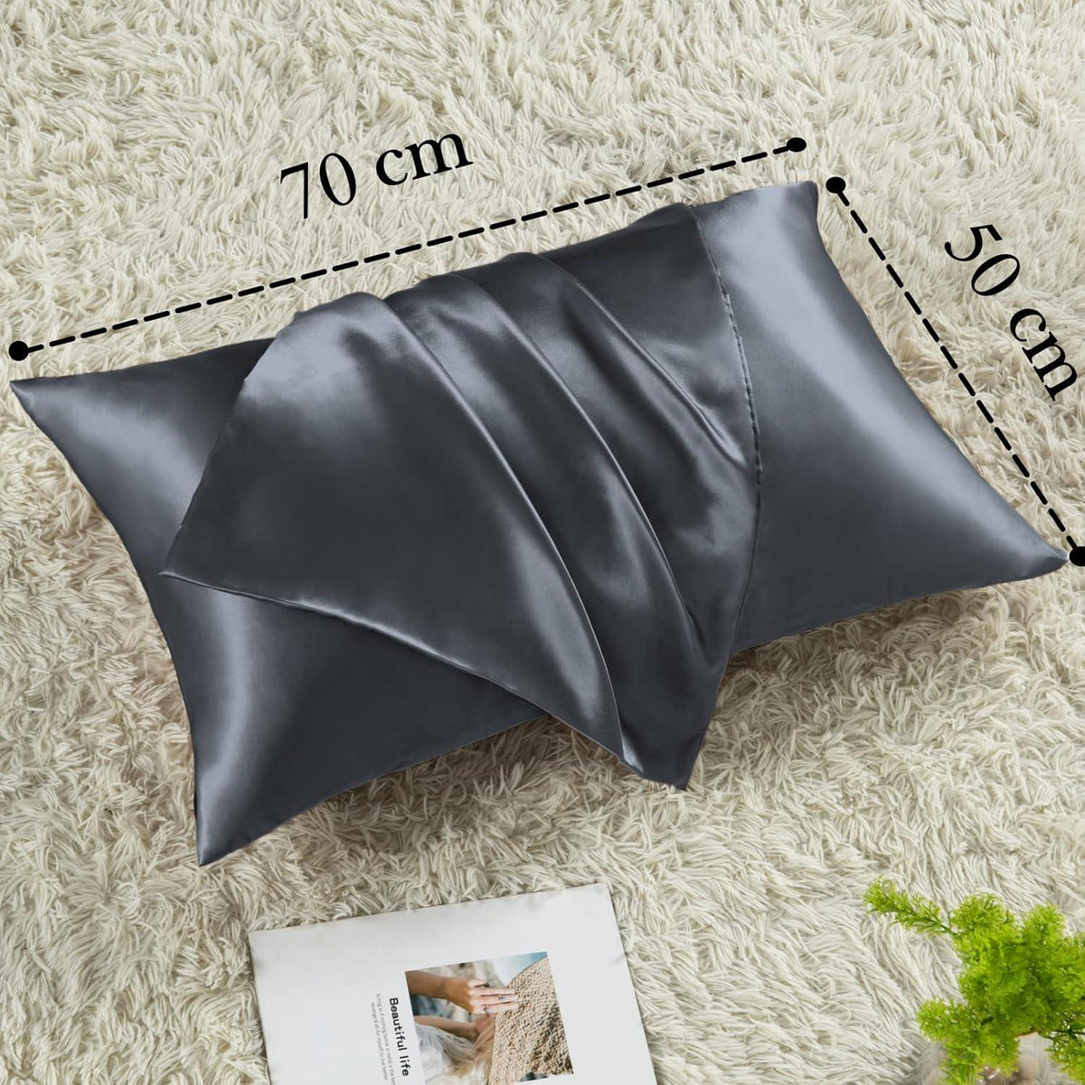 Vielit 2er Set Satin Kissenbezug 50x70 Dunkelgrau mit Haargummis