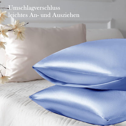 Satin Kissenbezug 2er Set Blau 50x80 mit Haargummis