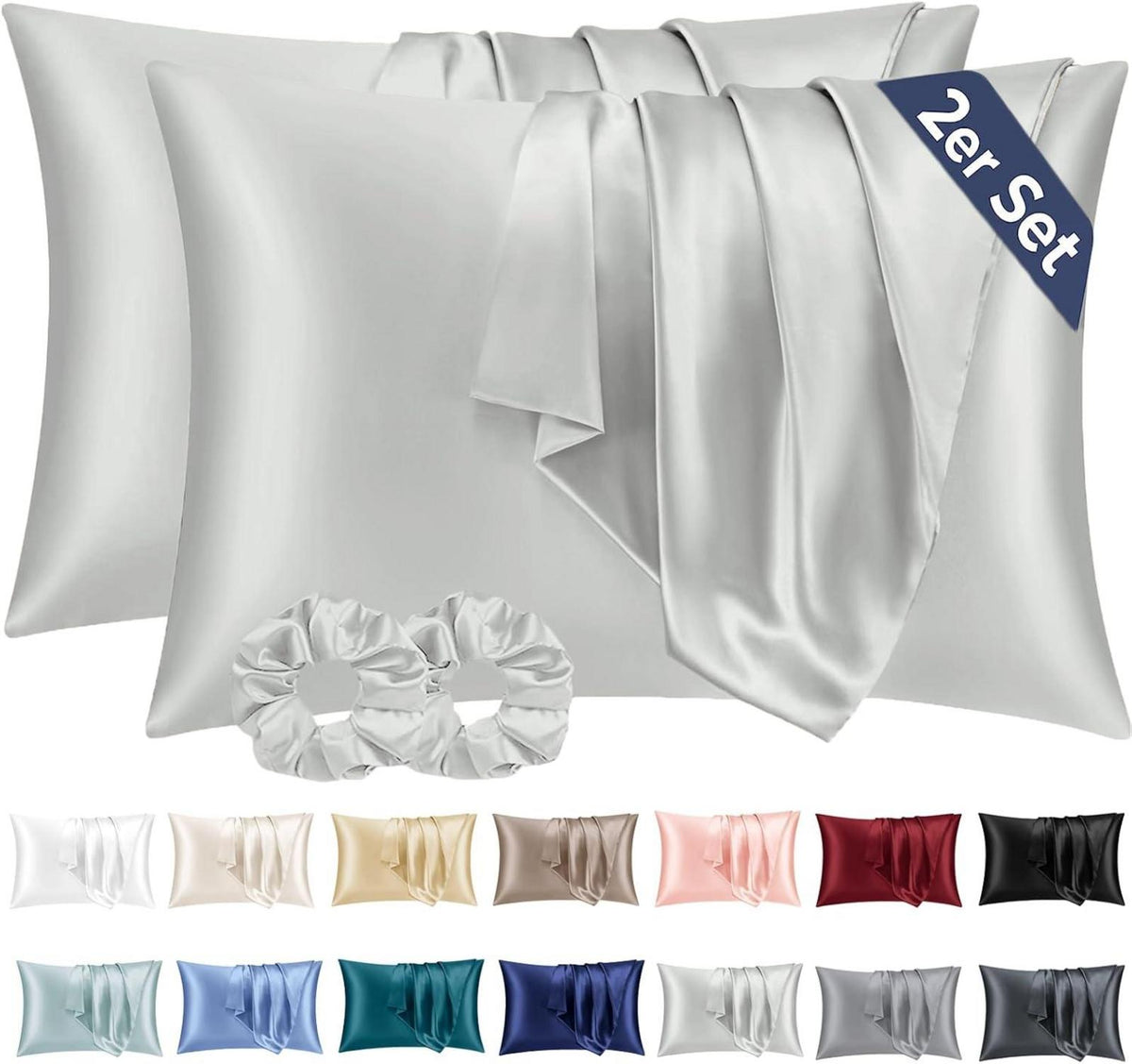 Satin Kissenbezug Set 50x80 Grau mit Haargummis