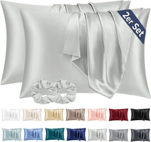 Satin Kissenbezug Set 50x80 Grau mit Haargummis
