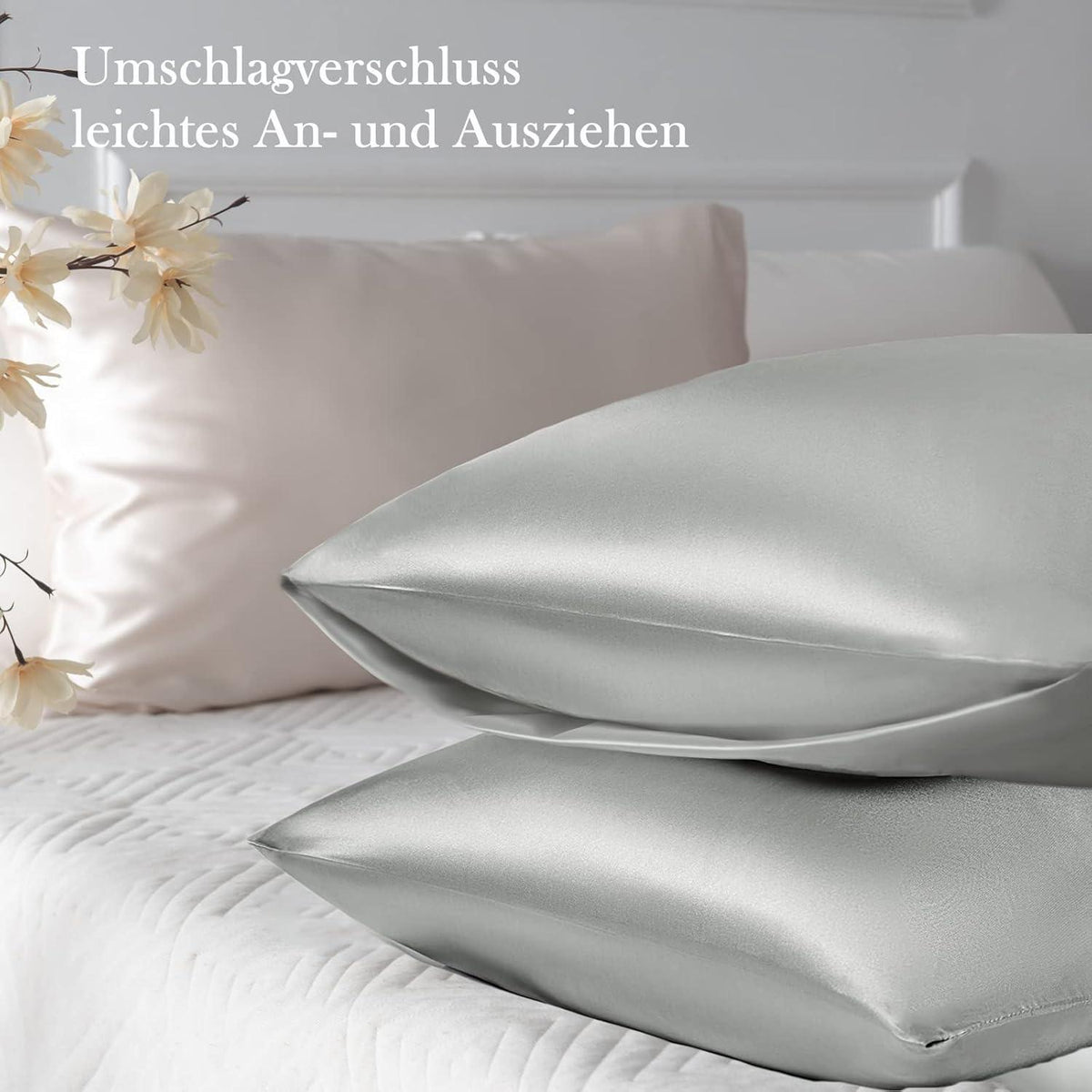 Satin Kissenbezug Set 50x80 Grau mit Haargummis