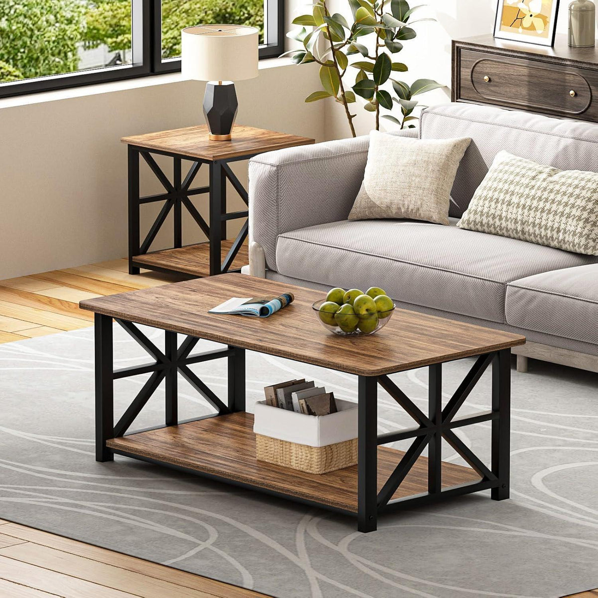 Couchtisch mit Stauraum, 100cm, Holz & Metall, Braun