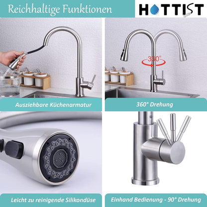 Küchenarmatur Hochdruck Ausziehbar 360° Schwenkbar 3 Modus Brause Edelstahl