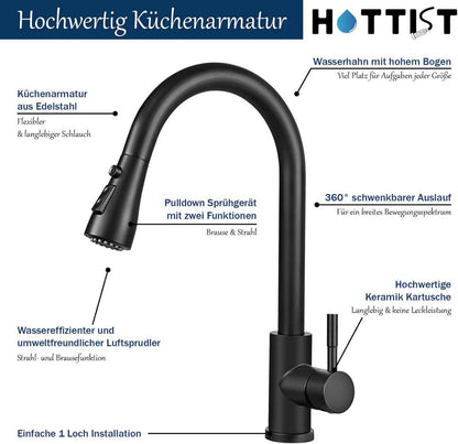 Wasserhahn Küche Schwarz Hochdruck Ausziehbar 360° Schwenkbar Brause 3