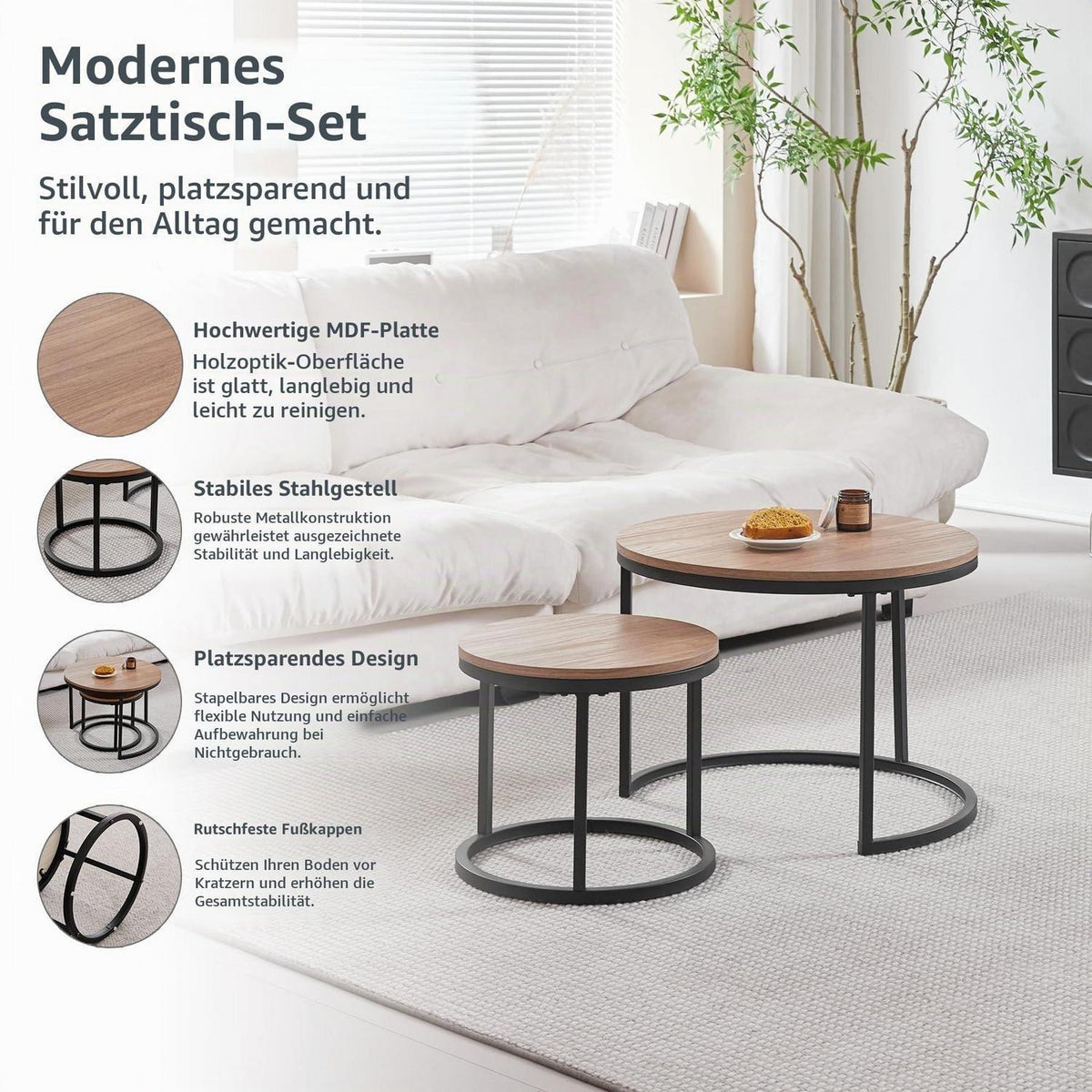 Satztische 2er Set rund, dunkelbraun – Couchtische für Wohnzimmer