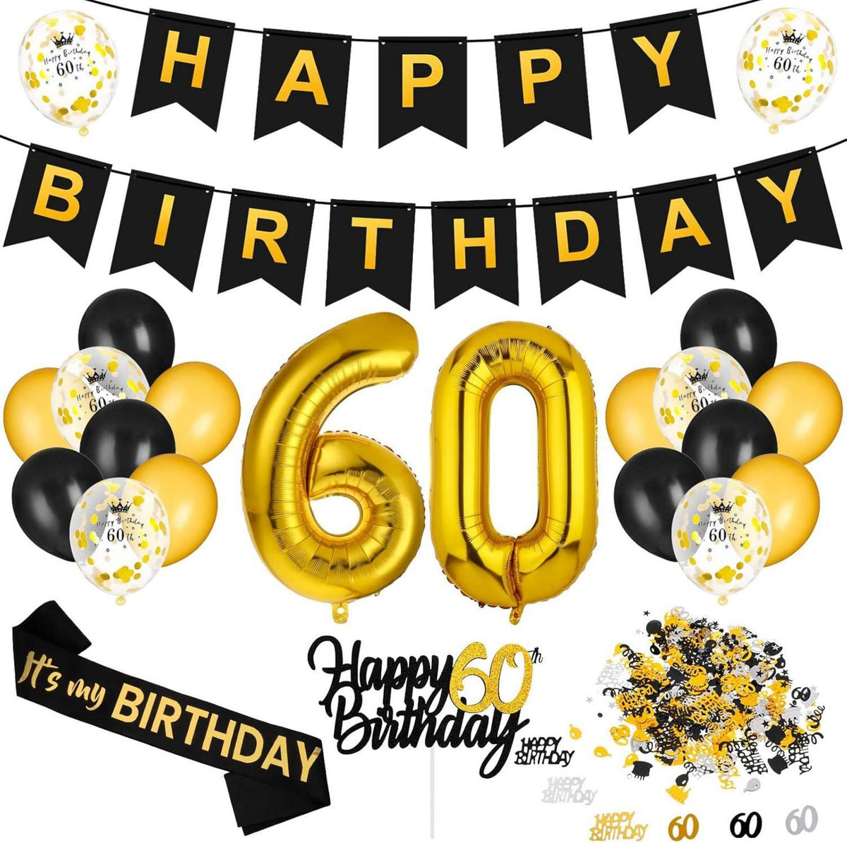 60. Geburtstag Deko Luftballons Schwarz Gold Happy Birthday