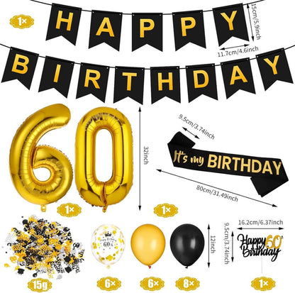 Heyu-Lotus 60 Geburtstag Deko Luftballons Schwarz Gold