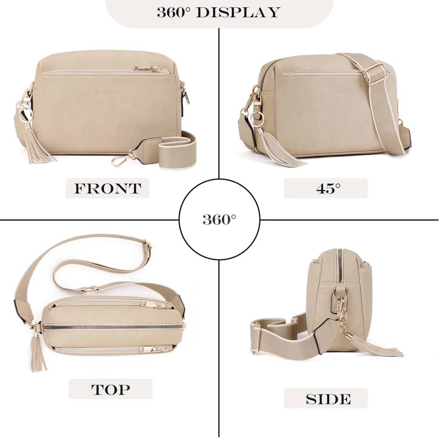 Damen Umhängetasche Veganem Leder Crossbody 3 Reißverschlusstaschen