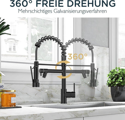 Wasserhahn Küche Schwarz Edelstahl Spülarmatur Zweigriff 360° Doppelspray