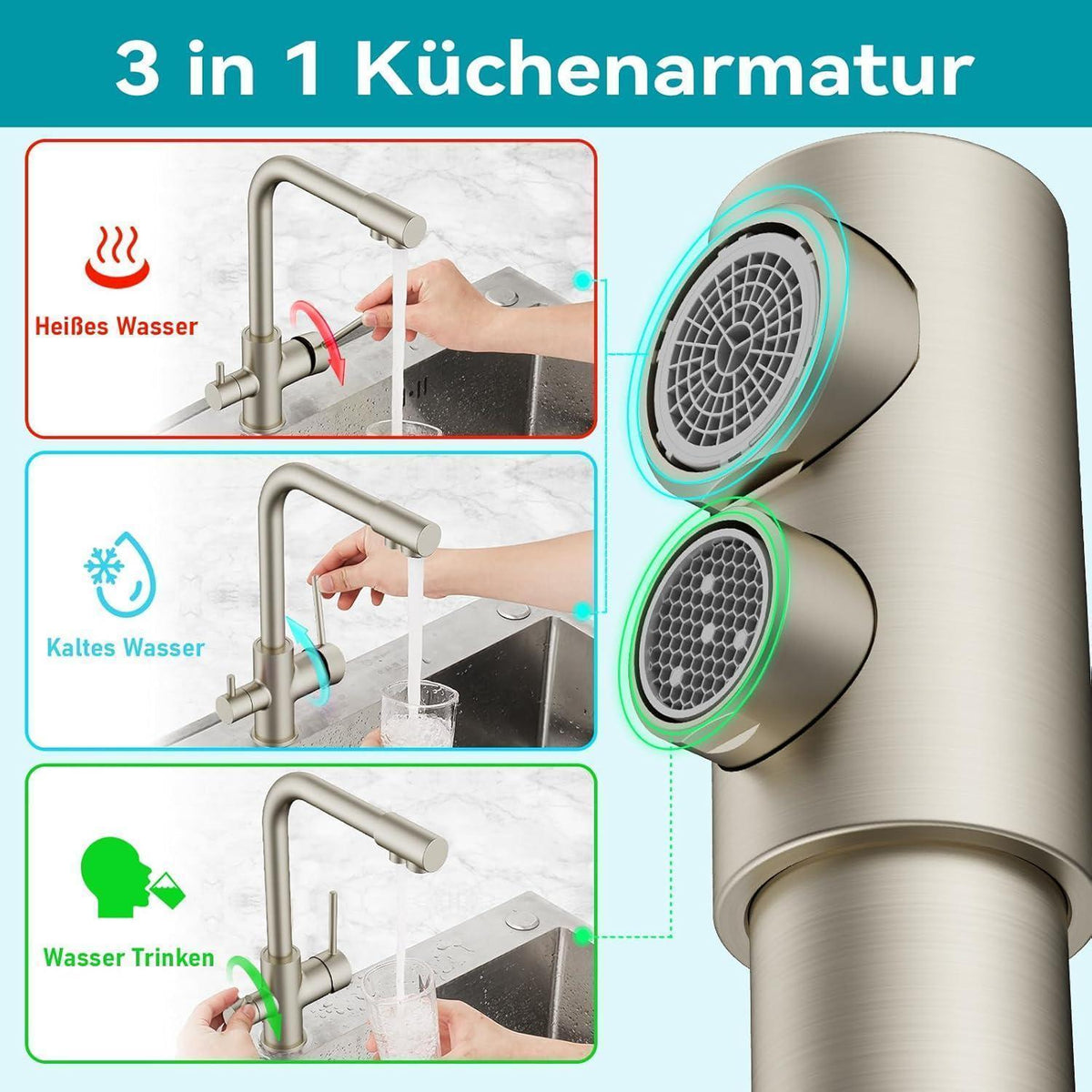 3-Wege Küchenarmatur mit Trinkwasserfunktion Edelstahl