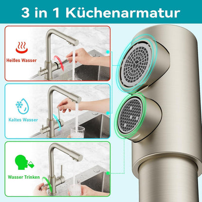 3-Wege Küchenarmatur mit Trinkwasserfunktion Edelstahl