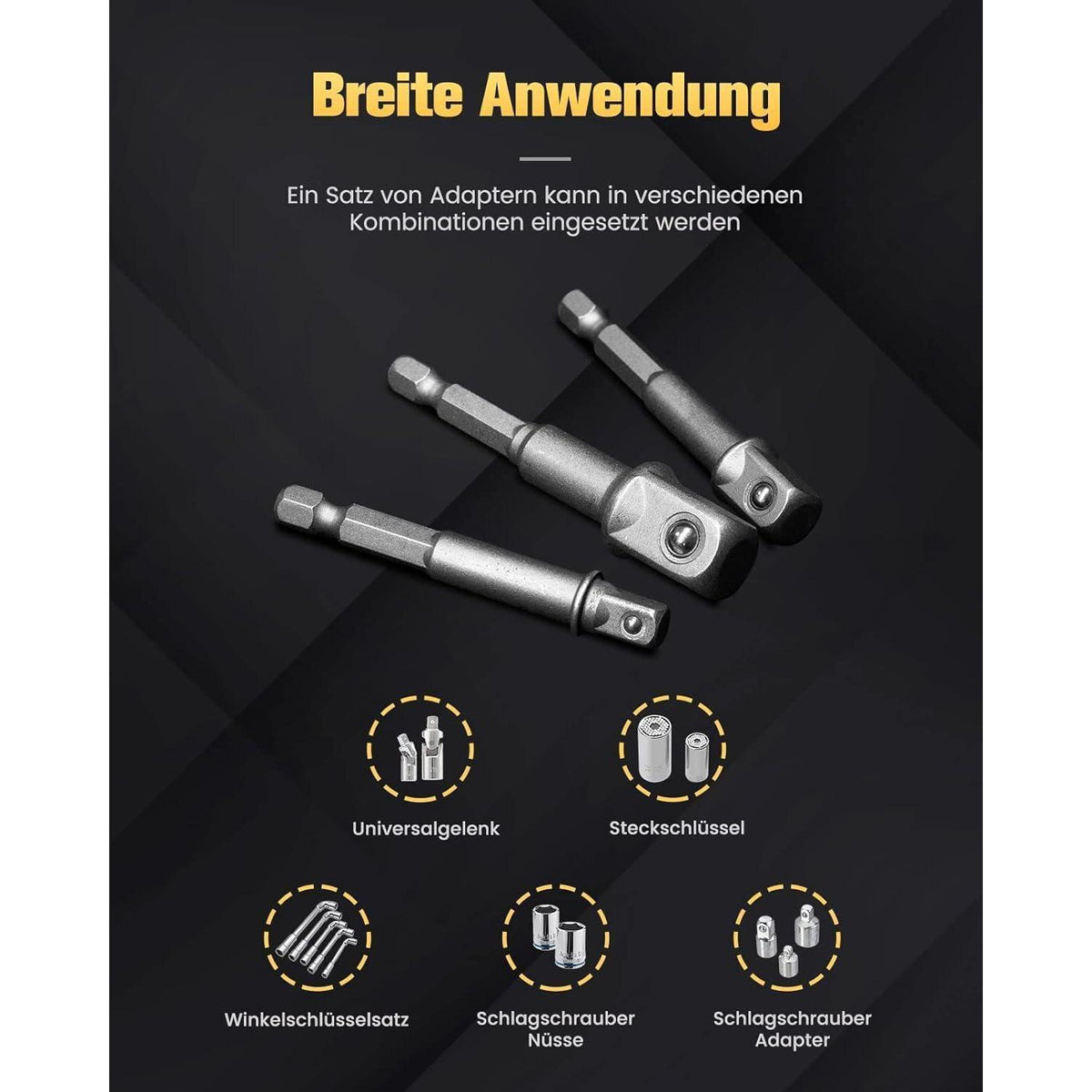 Stecknuss Adapter Set 3-teilig 1/4", 3/8", 1/2" für Bohrmaschine