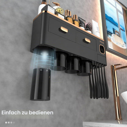 Zahnbürstenhalter Wand mit Spender & Schublade Schwarz-Gold